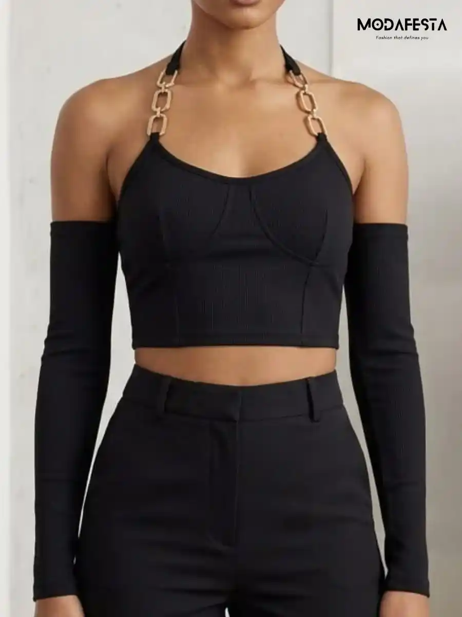 ModaFesta -chain-strap-halter-neck-crop- camisole-top-arm-sleeves-black
